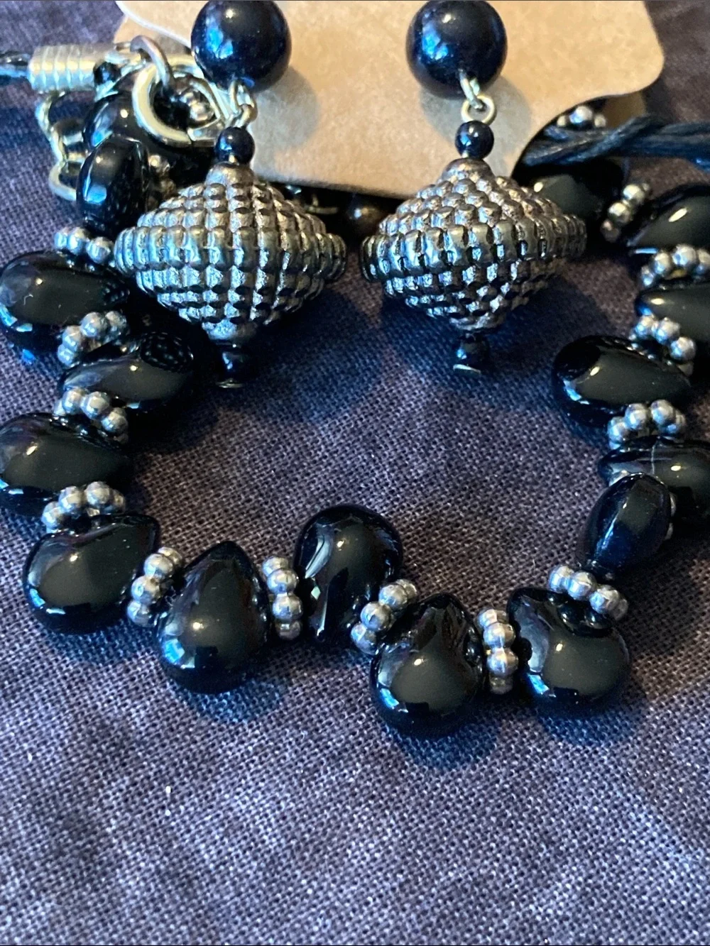 Black & Gold Tone Multi-Strand Beaded Necklace w/Matching Bracelet & Earrings